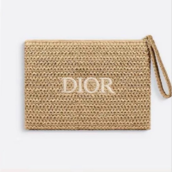 NWOT Dior Raffia Beauty Wristlet with Metallic Gold Crossbody Chain - Picture 8 of 8